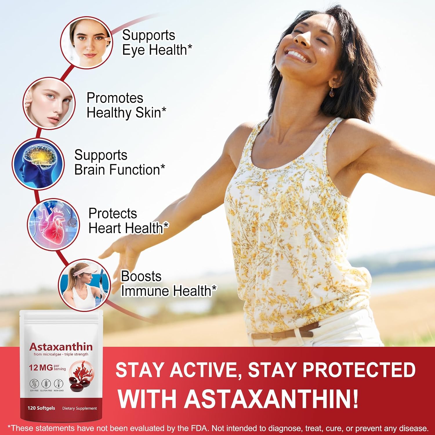 Detalle de Astaxanthin 12mg Ergänzungen – 120 Softgels aus Mikroalgen, Unterstützung für Haut, Augen, Gelenke und mehr