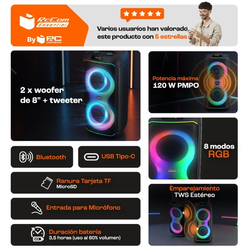 Thumbnail 3 de PcCom Essential TrueVibe 8: Altavoz Bluetooth 120 W con woofer de 8" y iluminación RGB