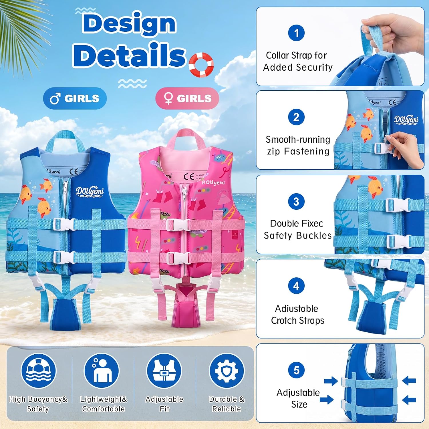 Detalle de Kids Swim Vest Float Jacket for 15–35kg Children – Adjustable Safety Straps, Front Zip, JACKET & CROTCH Design