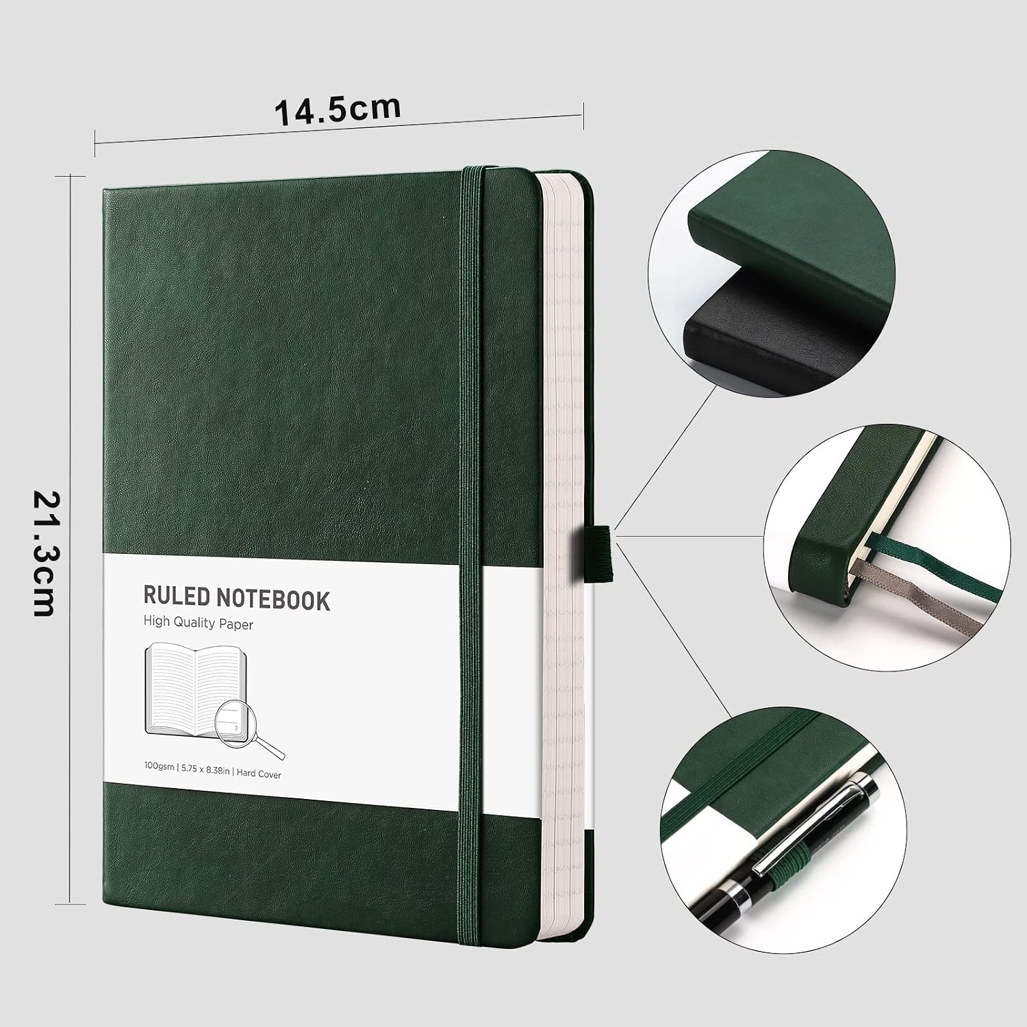 Detalle de RETTAcy Lined Journal Notebook (A5) with hardcover, 192 numbered pages and 100gsm ruled paper – Green