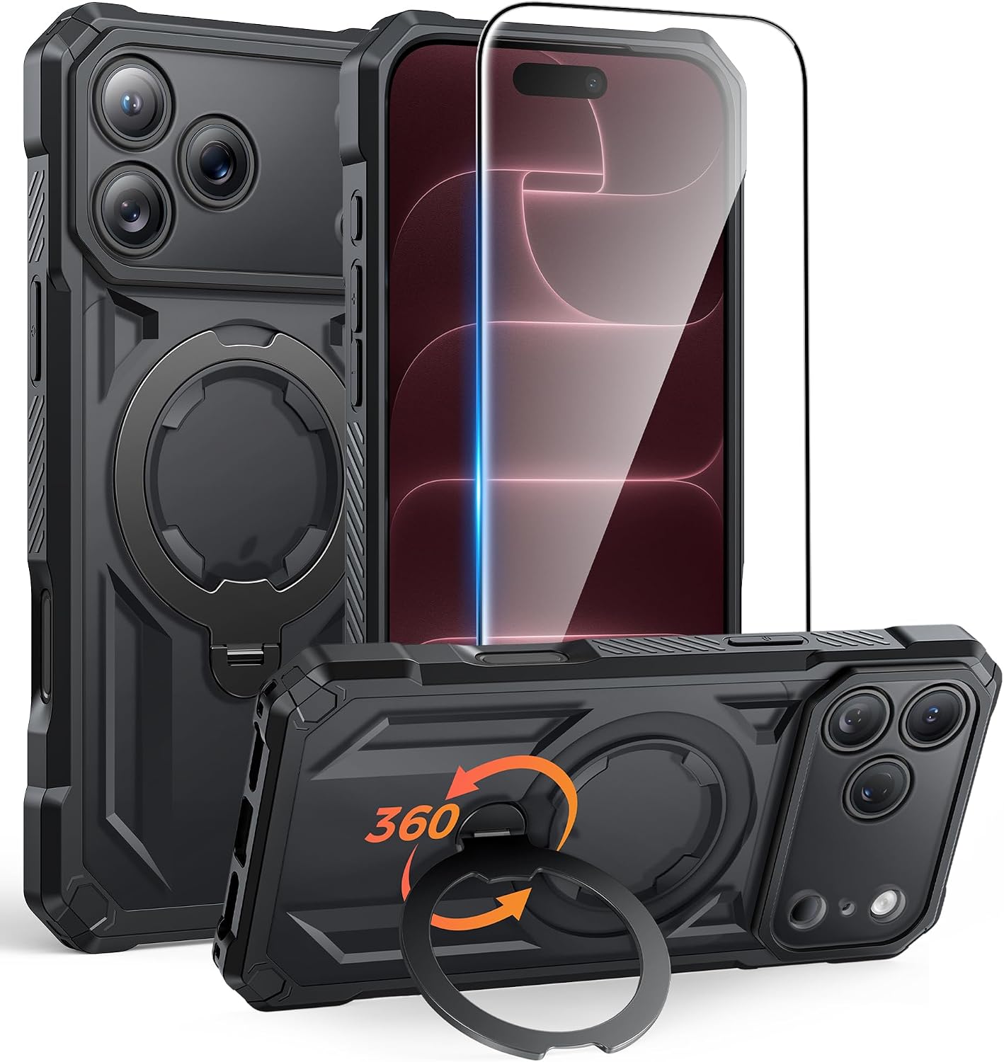 Detalle de FNTCASE for iPhone 17 Pro Max Case with MagSafe + 360° Magnetic Kickstand + Tempered Glass Screen Protector (Black)
