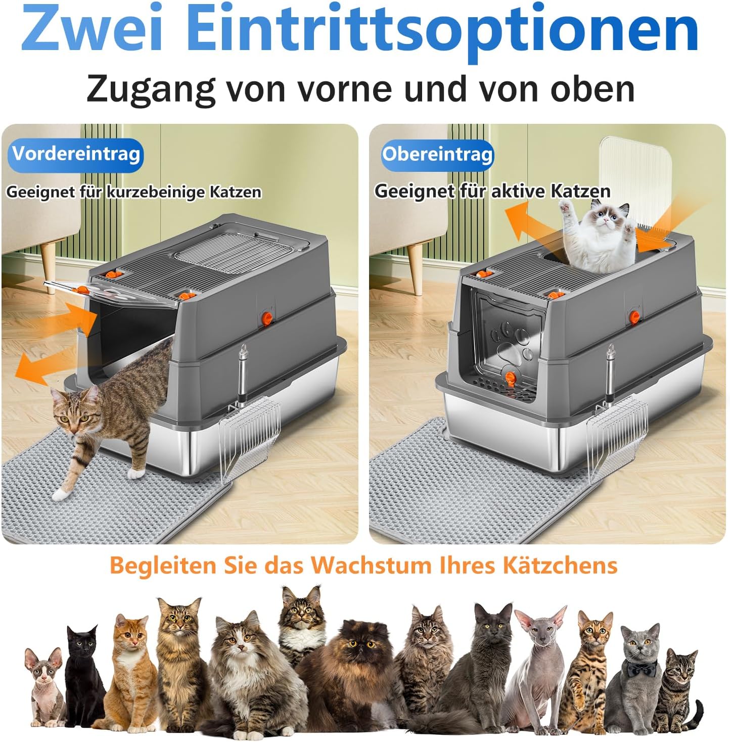 Detalle 2 de Edelstahl Katzenklo mit Deckel 155° Klappdeckel XL – hochwertiges, geschlossenes Katzenklo aus 304 Edelstahl