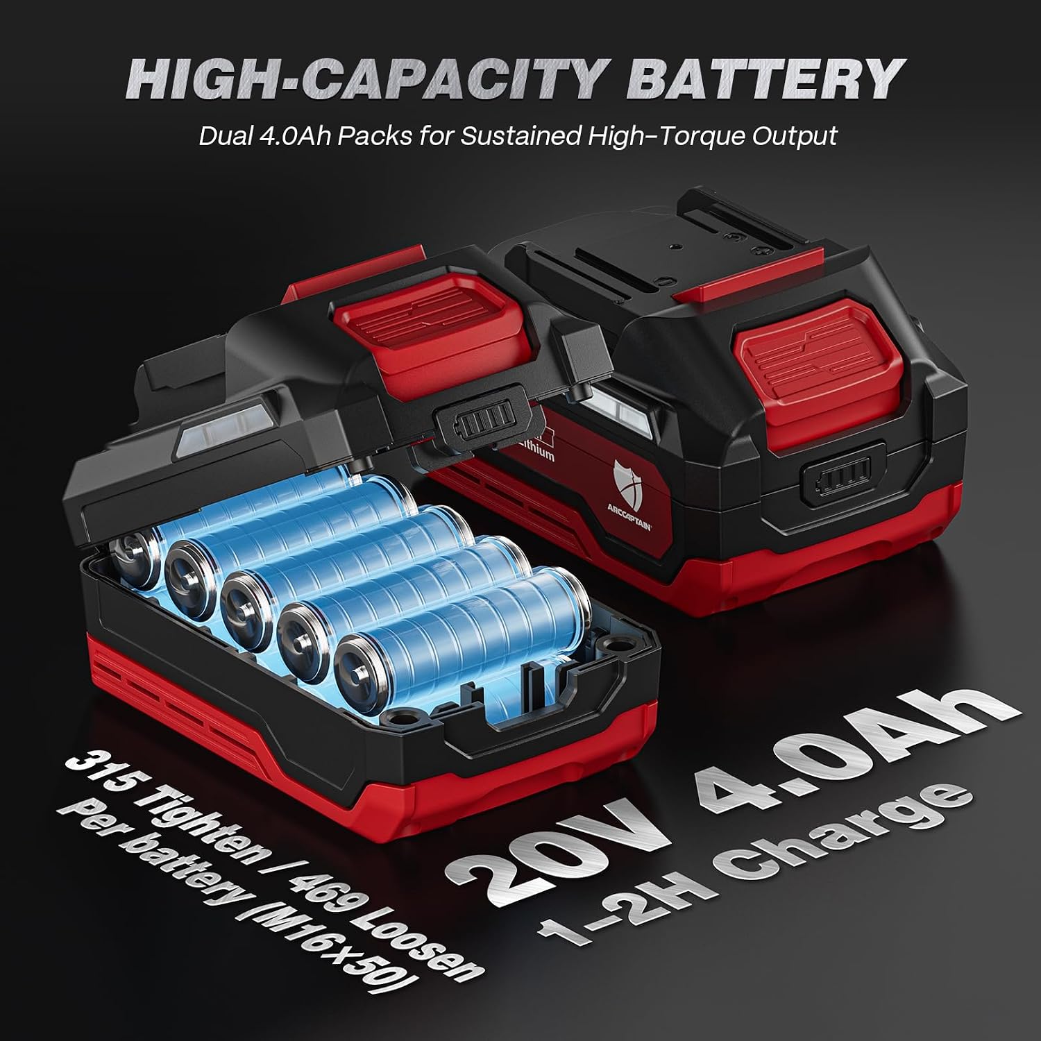 Detalle 1 de ARCCAPTAIN Cordless Impact Wrench, 1500 N·m, 1/2-Inch Drive, 2 Batteries