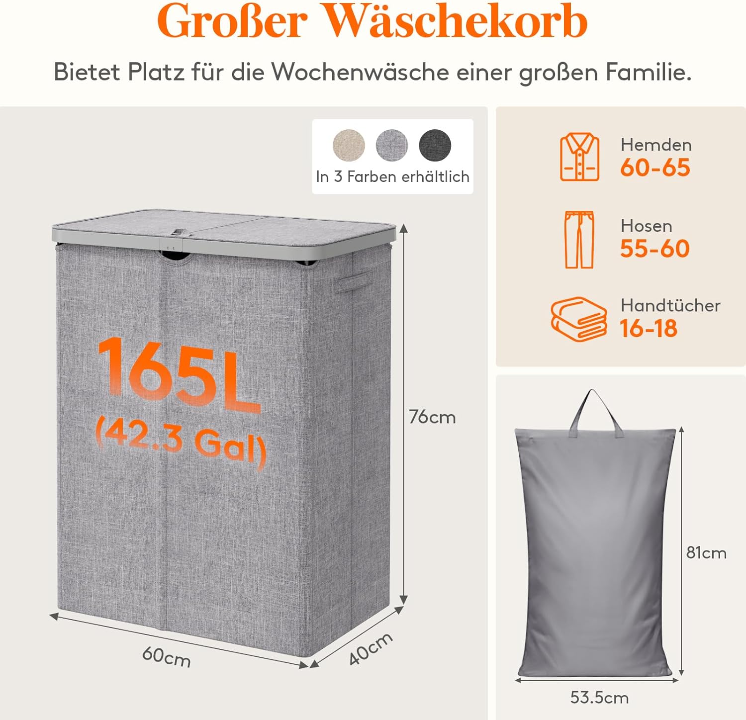 Thumbnail 3 de Lifewit 3 Fächer Wäschekorb mit Deckel – 165 L, faltbar, 60 x 40 x 76 cm, hellgrau