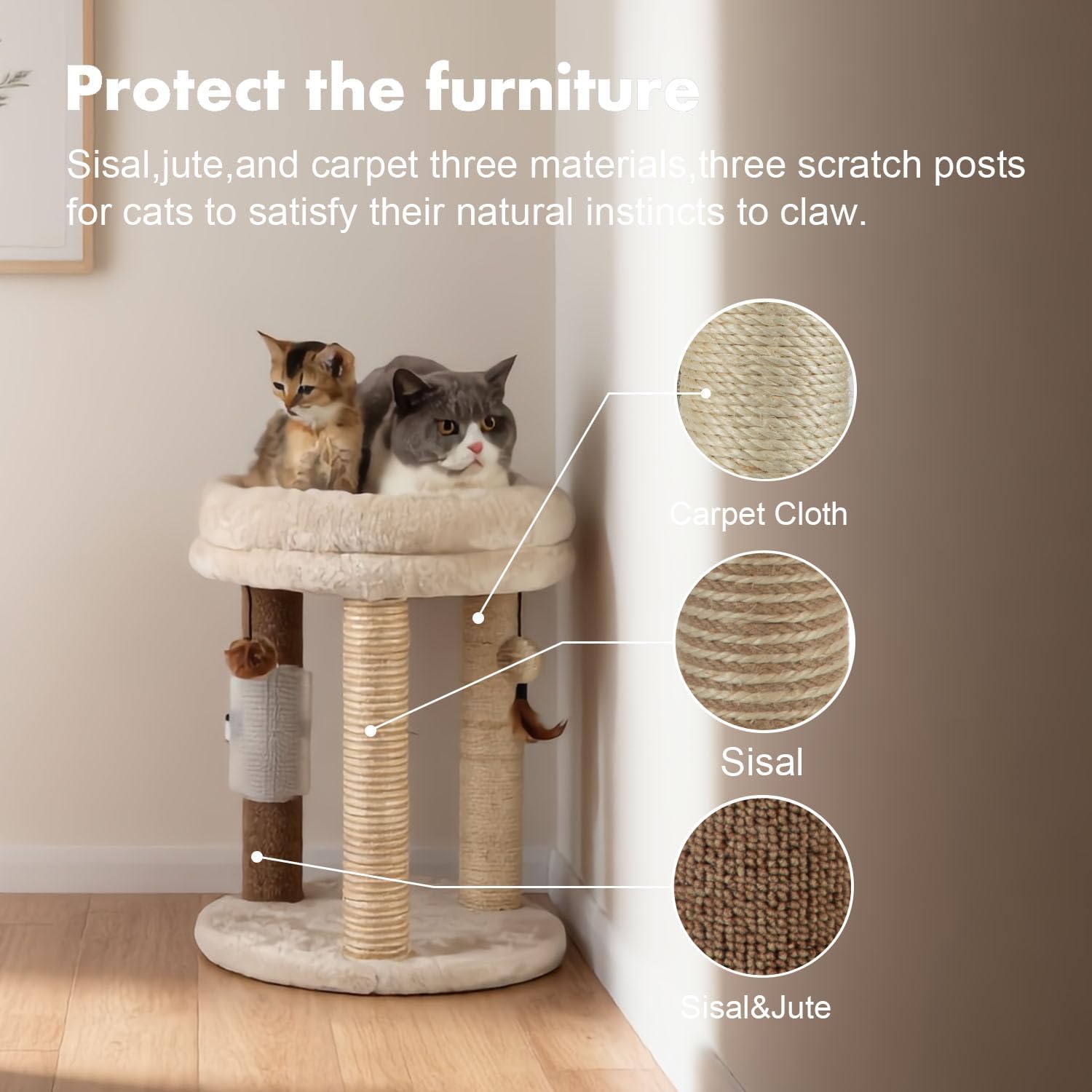 Detalle de MECOOL MC22TPT3-Beige 4-in-1 Cat Tree with Sisal, Jute, and Carpet Posts