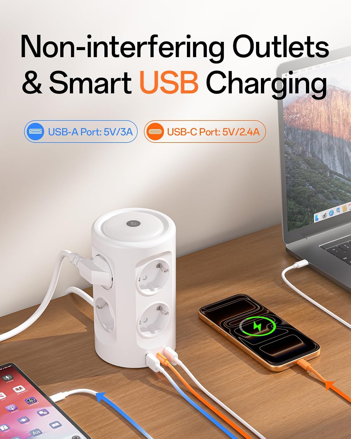 Detalle 2 de KEMELO 8-fach Mehrfachsteckdose mit Nachtlicht und USB‑C, Überspannungsschutz, Schalter & 2‑m-Kabel (3600 W)