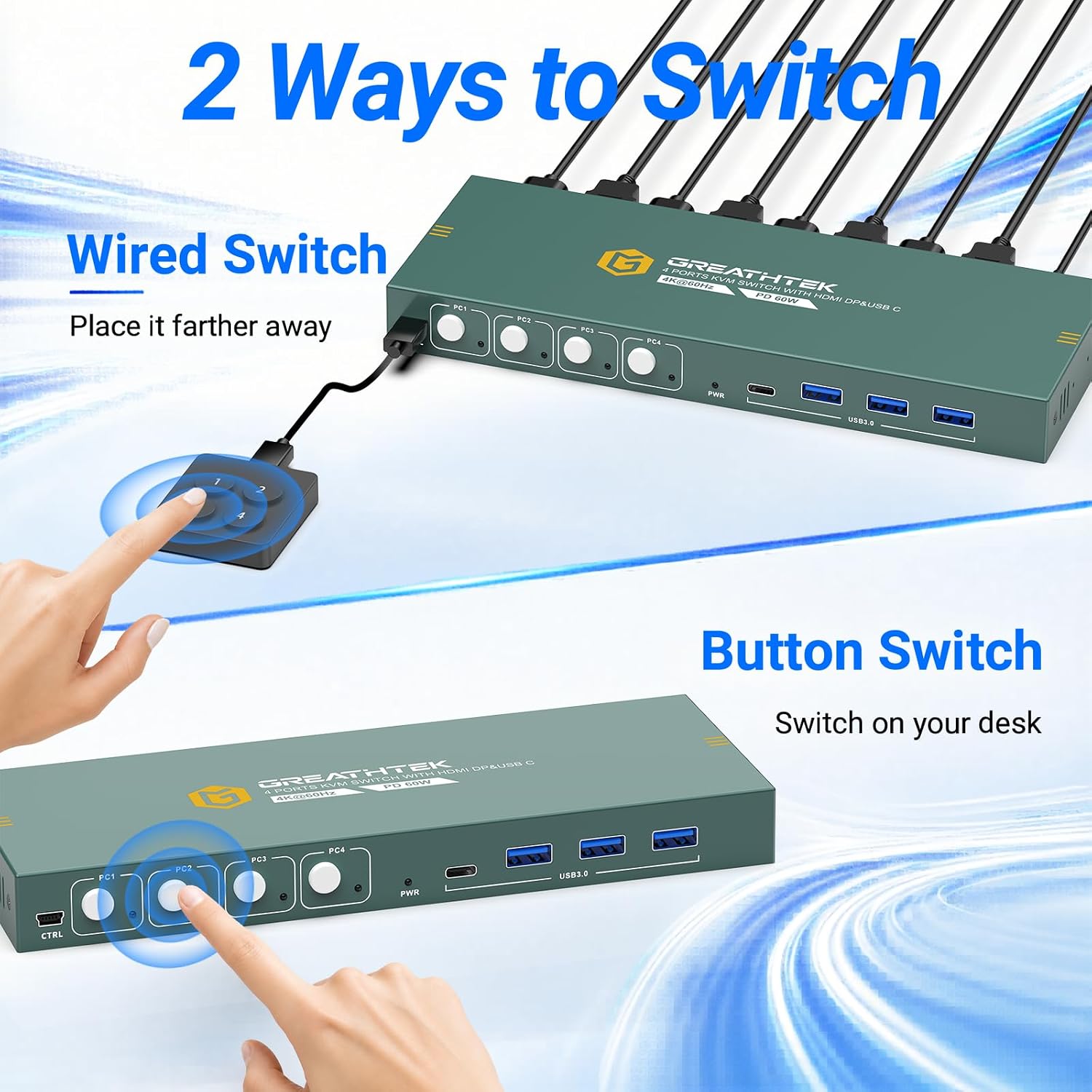 Detalle 2 de GREATHTEK 4-Port KVM Switch, 4K@60Hz, HDMI, DisplayPort & USB-C