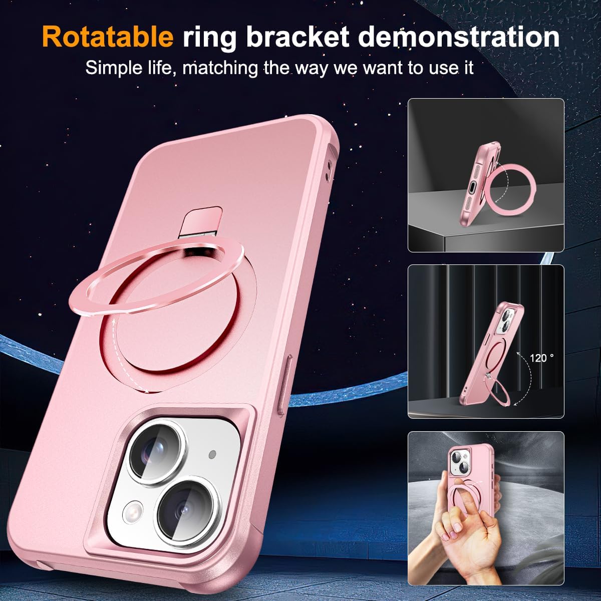 Detalle de SKYLMW Magnetic O-Ring Kickstand Case for iPhone 13 & iPhone 14 (6.1-inch) with Mag-Safe, Rose Gold