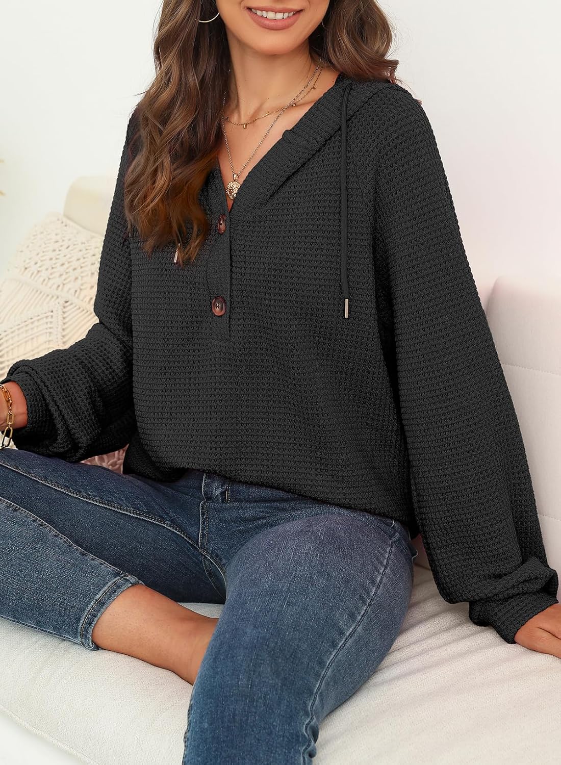 Thumbnail 3 de Dokotoo Damen Kapuzenpullover mit Knopfleiste & V-Ausschnitt – Gofre-Strick Hoodie