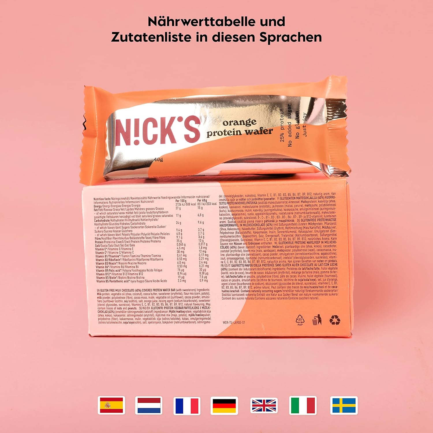Detalle 2 de NICKS Protein Wafer Riegel Orange 25% Eiweiß