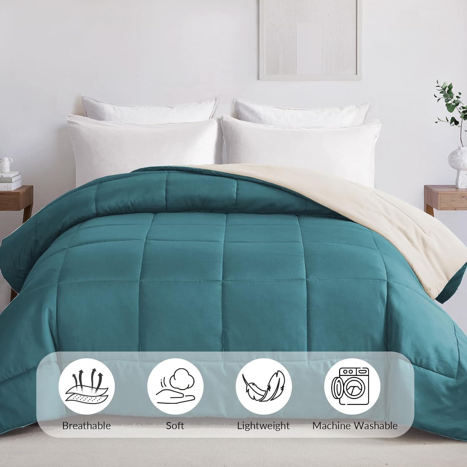 Thumbnail 1 de Whale Flotilla Reversible All-Season Duvet King Size (7.5 Tog) – Dusty Teal & Birch Beige, Box-Sitched Down-Alternative Comforter