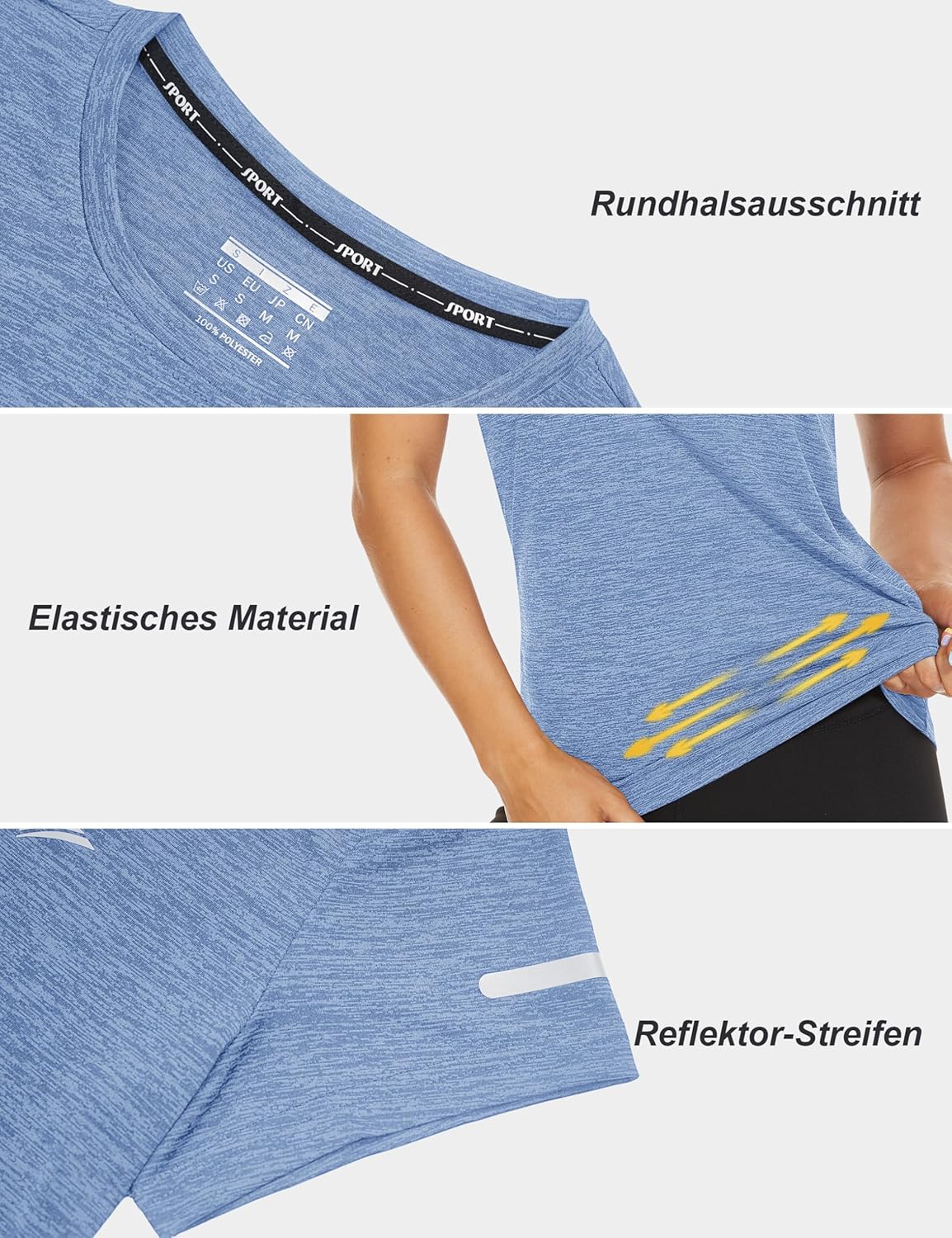 Thumbnail 3 de TACVASEN Damen Meliert Sport-T-Shirt mit Rundhals, Kurzarm und Reflexstreifen