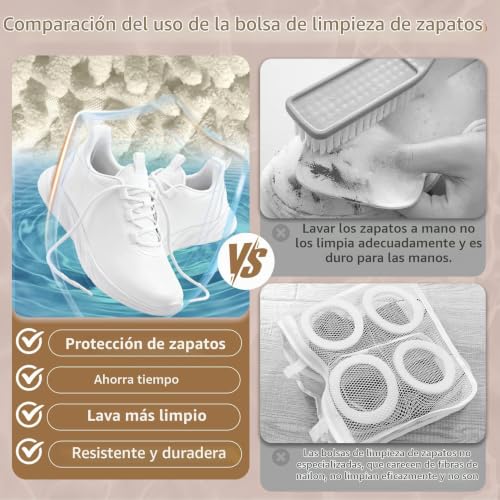 Detalle de FOREDOO 2 en 1 Bolsa Lavadora Zapatillas: limpieza 360° y doble bolsillo