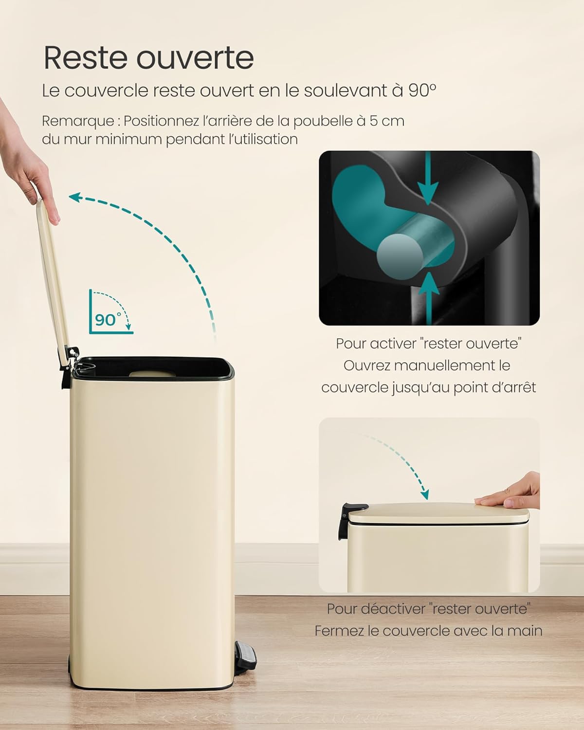 Thumbnail 6 de SONGMICS LTB593A02 – Poubelle de cuisine à pédale 30 L beige sable avec seau intérieur