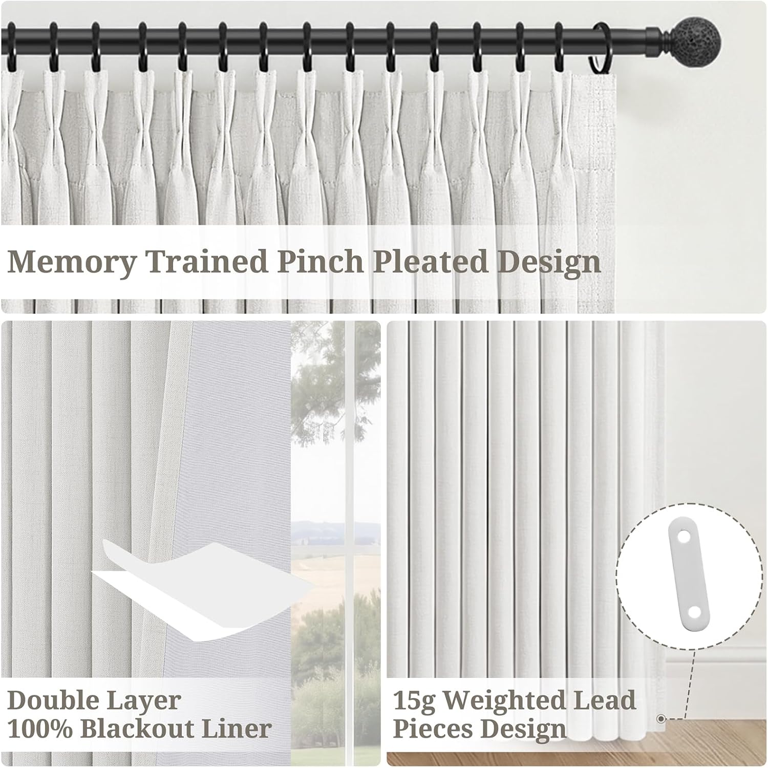 Detalle de LuxuNap 96-Inch Blackout Curtains, 50-Inch Linen-Blend Pinch Pleat Panels