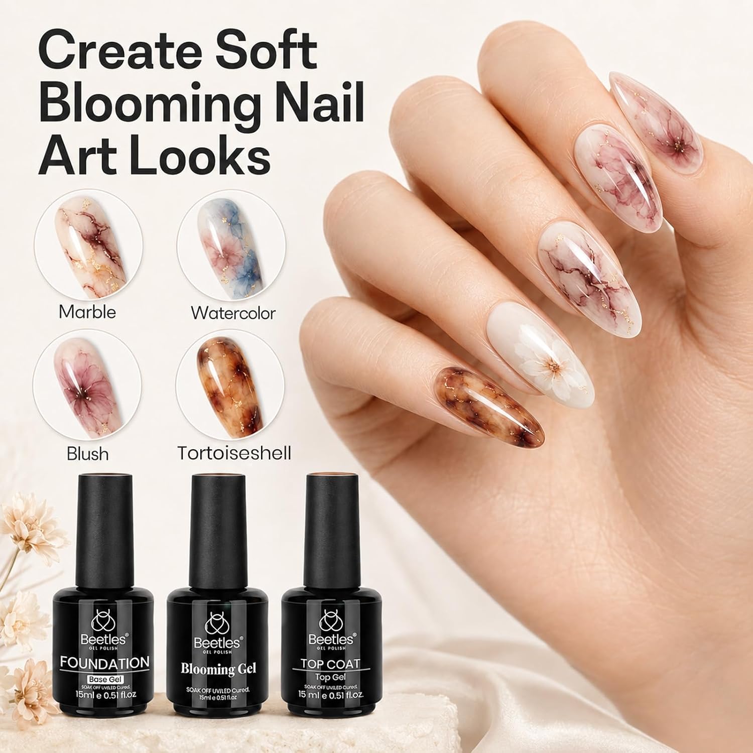 Detalle 2 de Beetles Blooming Gel & Base Top Coat Set – 3pcs 15ml for Marble & Blooming Nail Art