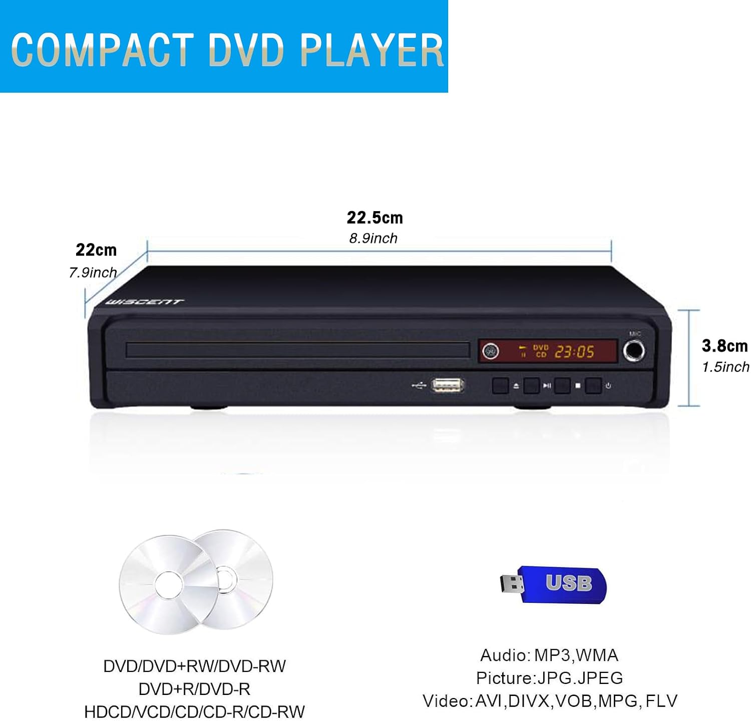 Detalle de WISCENT mini DVD player for TV (all-region free) with HDMI, AV, USB and remote control