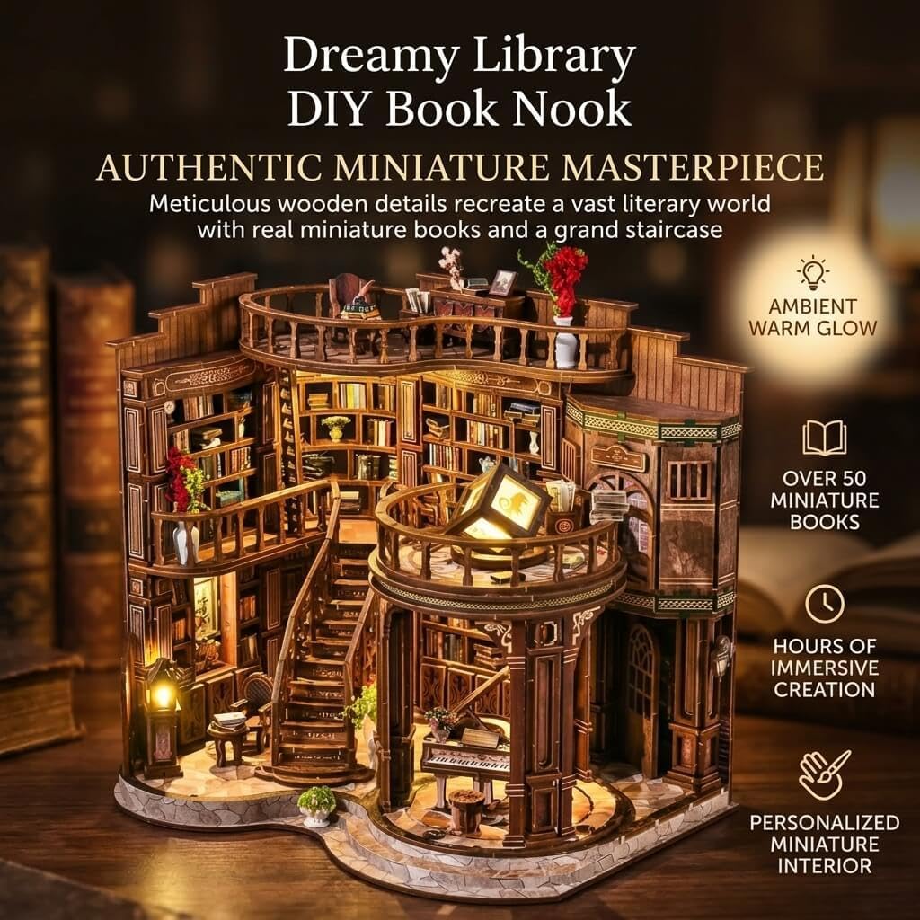 Thumbnail 1 de Cuiwos Book Nook Kit 888 Pcs: Dreamy Library with LED Lights – 3D Miniature Wooden Bookend