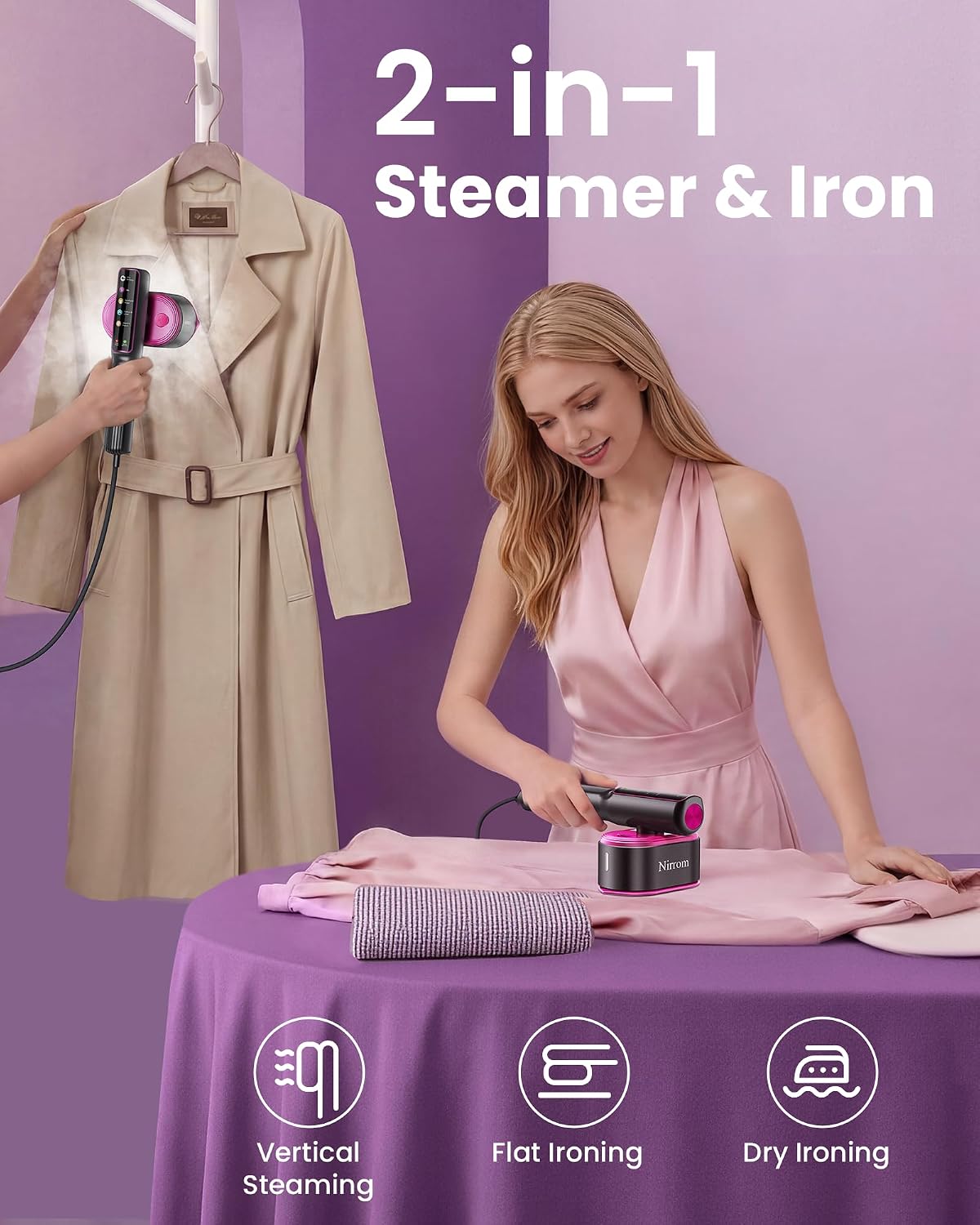 Detalle de Nirrom Dual-Voltage Travel Steamer, 1200W, 140ml Tank, 5 Fabric Settings
