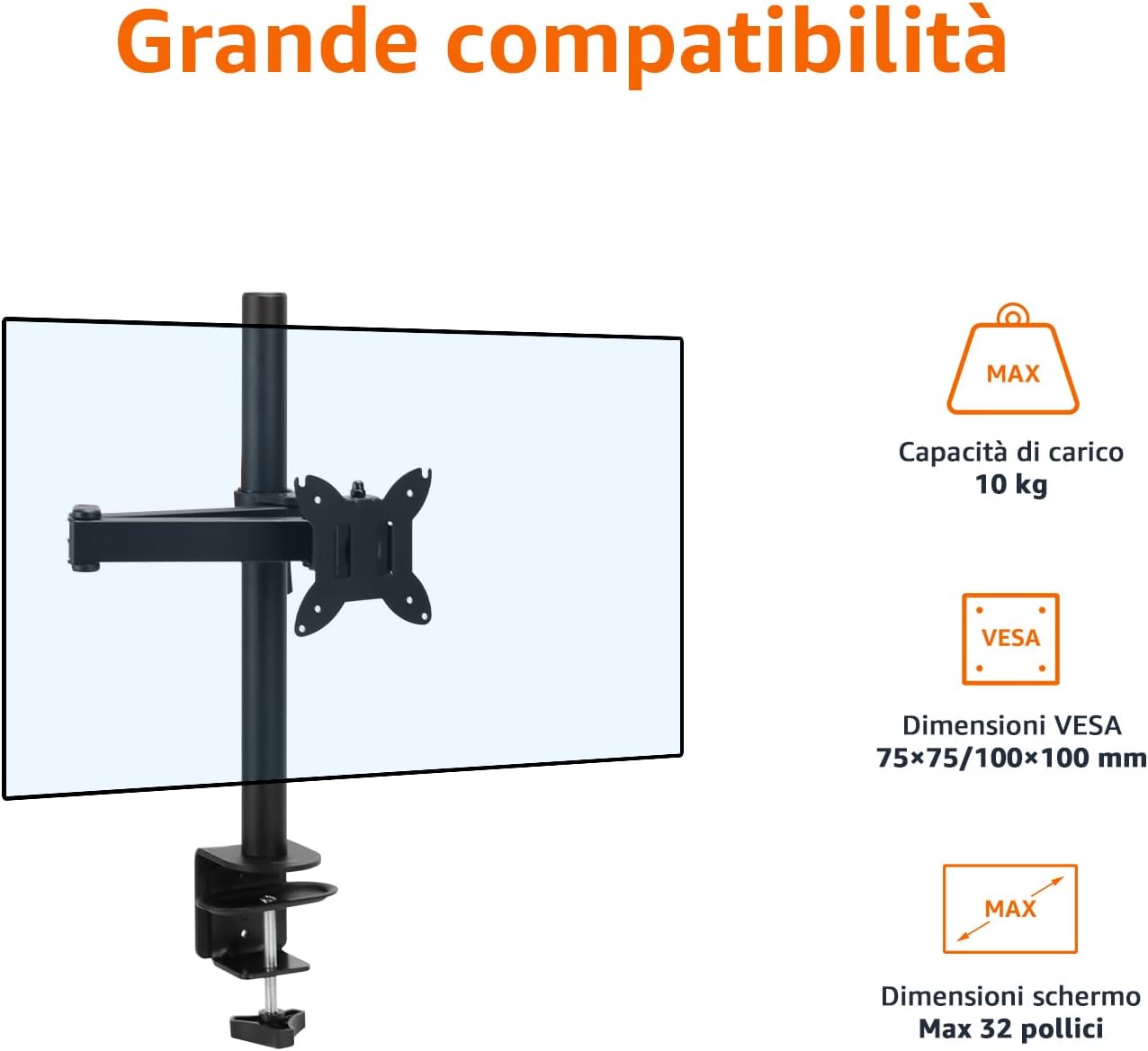 Detalle de Amazon Basics supporto a braccio regolabile per monitor singolo fino a 32" (81,3 cm) Nero