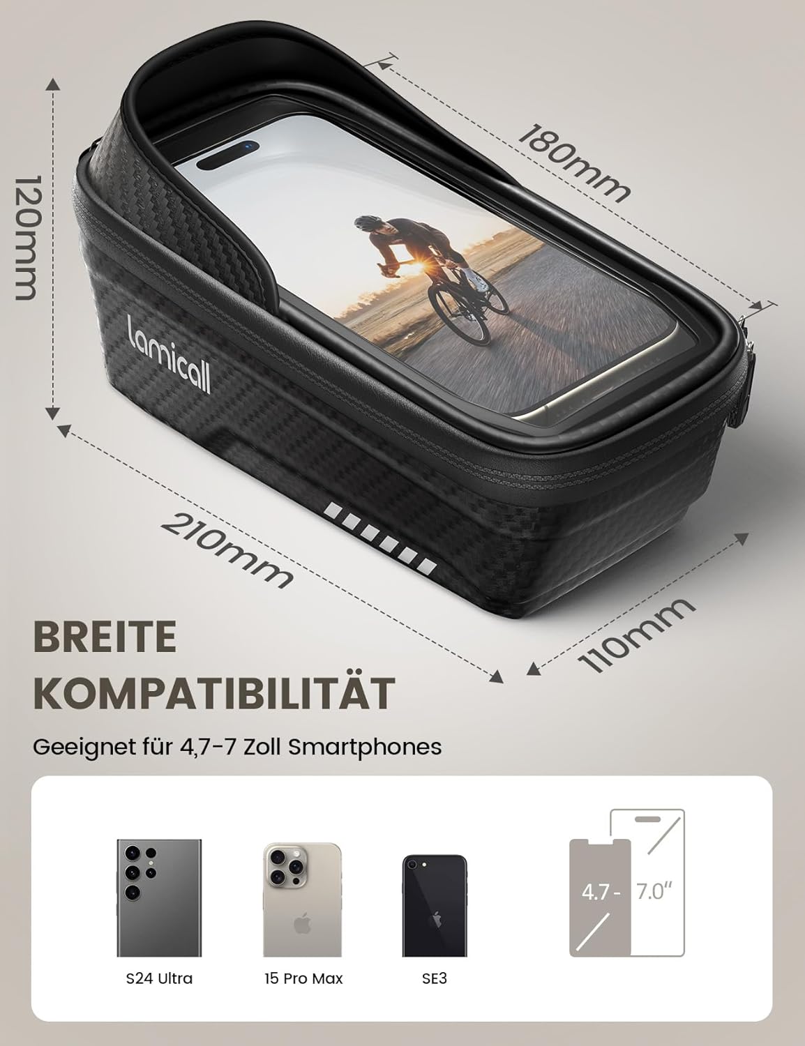 Detalle de Lamicall 2-IN-1 Rahmentasche & Lenkertasche für 20–40 mm Rahmen – 1,3 L, wasserdicht, TPU-Touchscreen