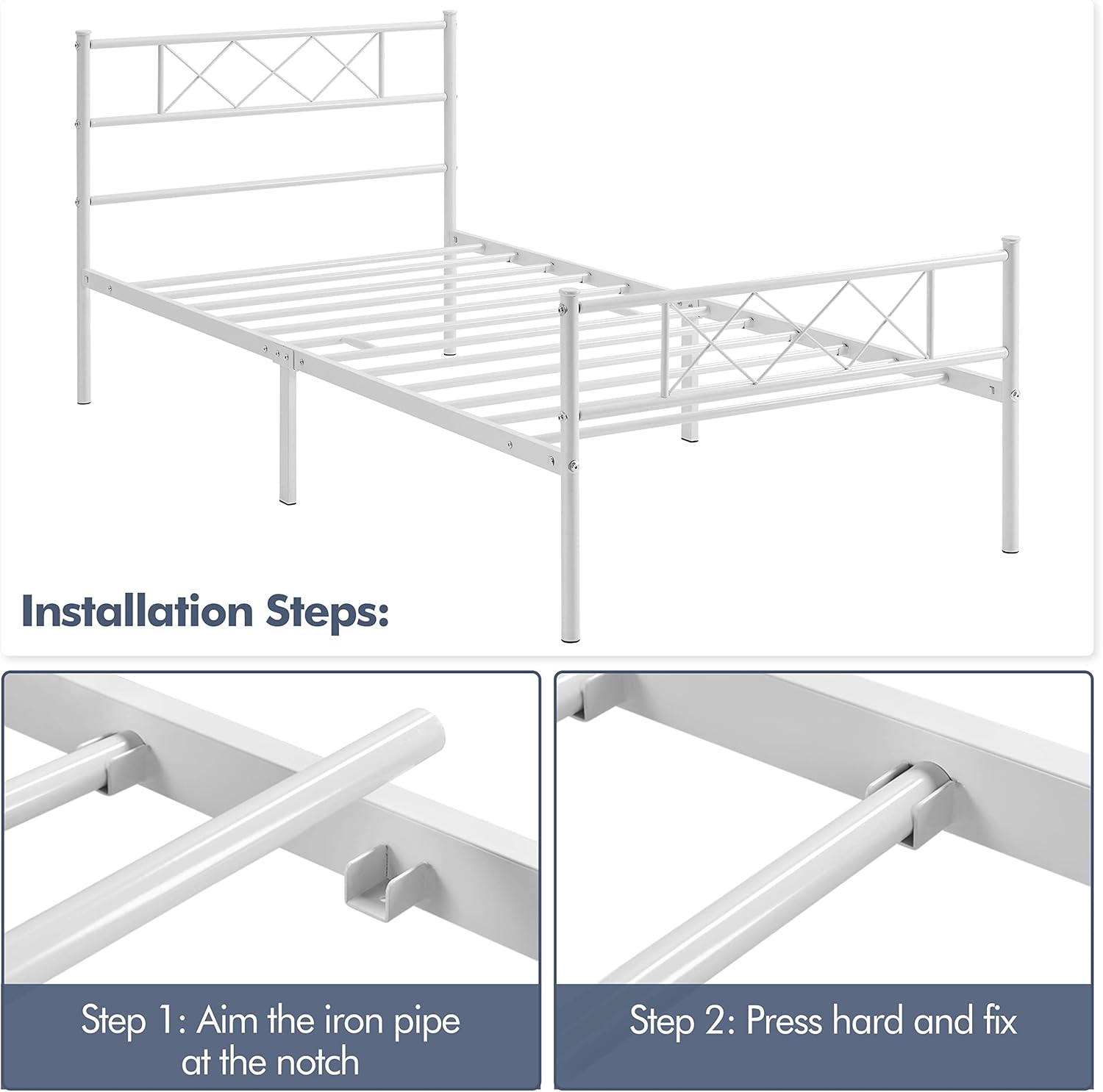 Detalle de Yaheetech - Struttura Letto Singolo in Metallo con Testiera a Forma di X, 90 × 190 cm, Bianco