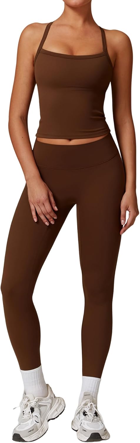 Detalle de QBGJTD Women's Two-Piece Cross Back Workout Set: High-Wlex High-Waist Leggings