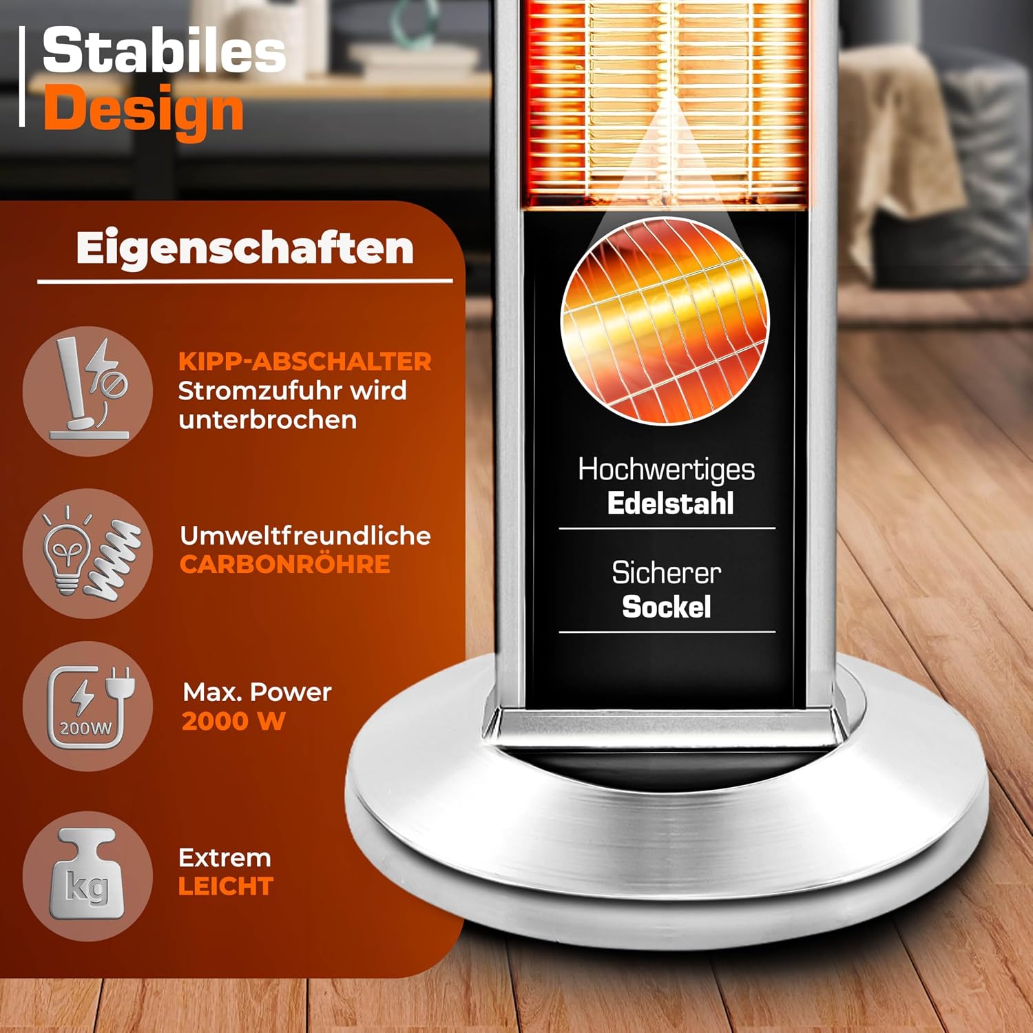 Detalle de TRESKO THSL-009 staande infrarood terrasverwarmer, 2.000 W, 3 standen