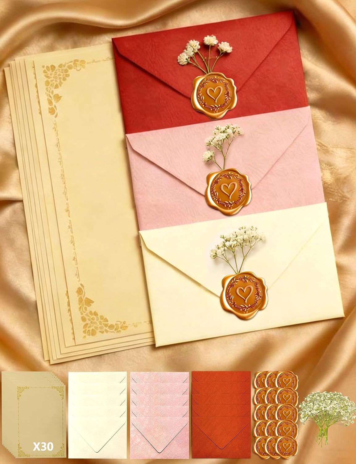 Detalle de Set 75 Pezzi Carta da Lettere con Busta, Pergamene, Ceralacca Oro Rosa e Fiori Secchi – Inviti e Lettere dallo Stile Vintage