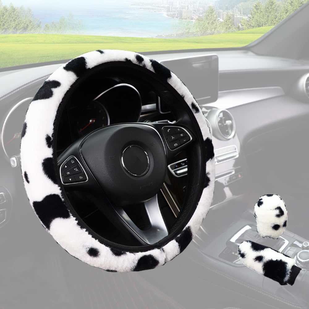 Thumbnail 6 de 3Pcs Fluffy Cow Print Steering Wheel Covers – Winter Warm Plush Set (37–38cm)