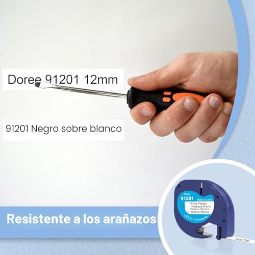 Detalle de DOREE 91221 91201 S0721660 – Cinta blanca plástica 12 mm x 4 m (6 unidades) compatible con Dymo Letratag