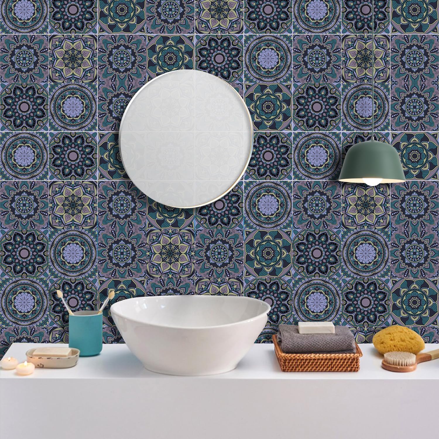 Detalle de ANHUIB 18 Pcs Moroccan Tile Stickers 15x15cm – Peel-and-Stick Kitchen & Bathroom Decals
