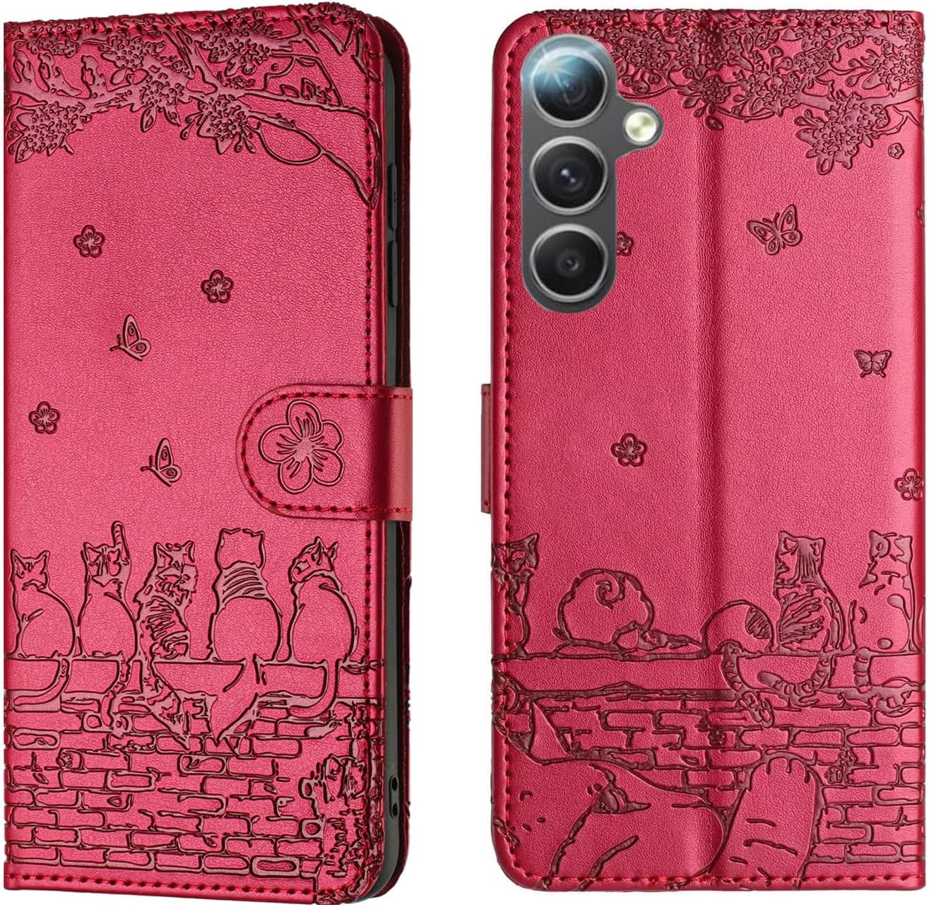 Detalle de Jeffene Handyhülle für Samsung Galaxy A56 5G (6,7 Zoll) – Klappbar mit Kartenfach, Magverschluss, Katzenmotiv, Rot