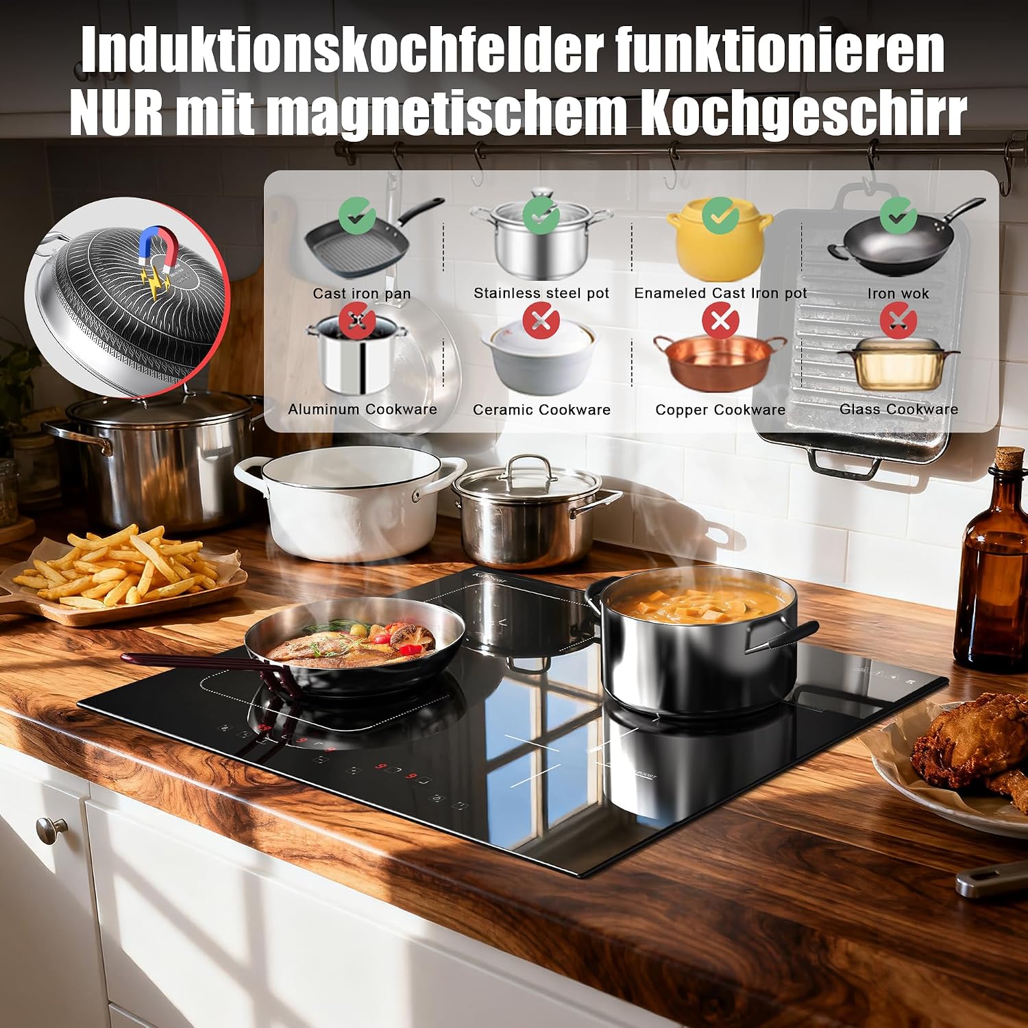 Detalle 2 de Karinear Induktionskochfeld 60 cm 7200W mit Flexzone – 4 Platten, Touchscreen & Sicherheit