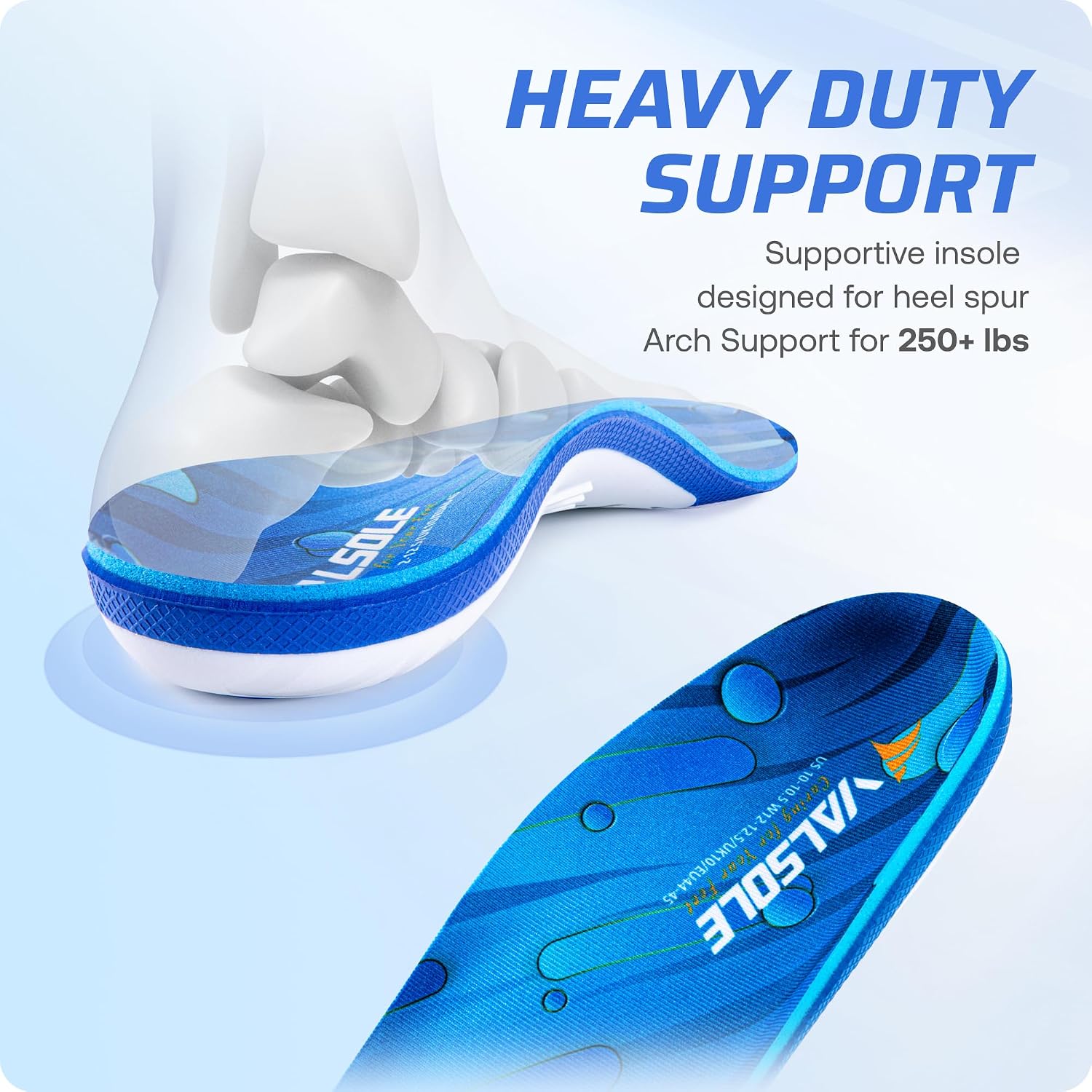 Detalle de VALSOLE Heavy Duty Orthotic Insoles, 250+ lbs Arch Support, Blue
