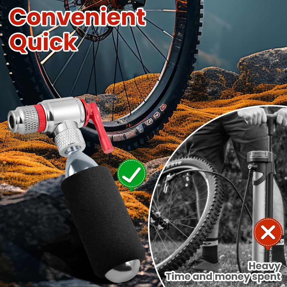 Detalle de AOOWU Gonfiatore di CO2 per bici, compatibile Presta e Schrader (no cartucce CO2), con 2 manicotti isolati