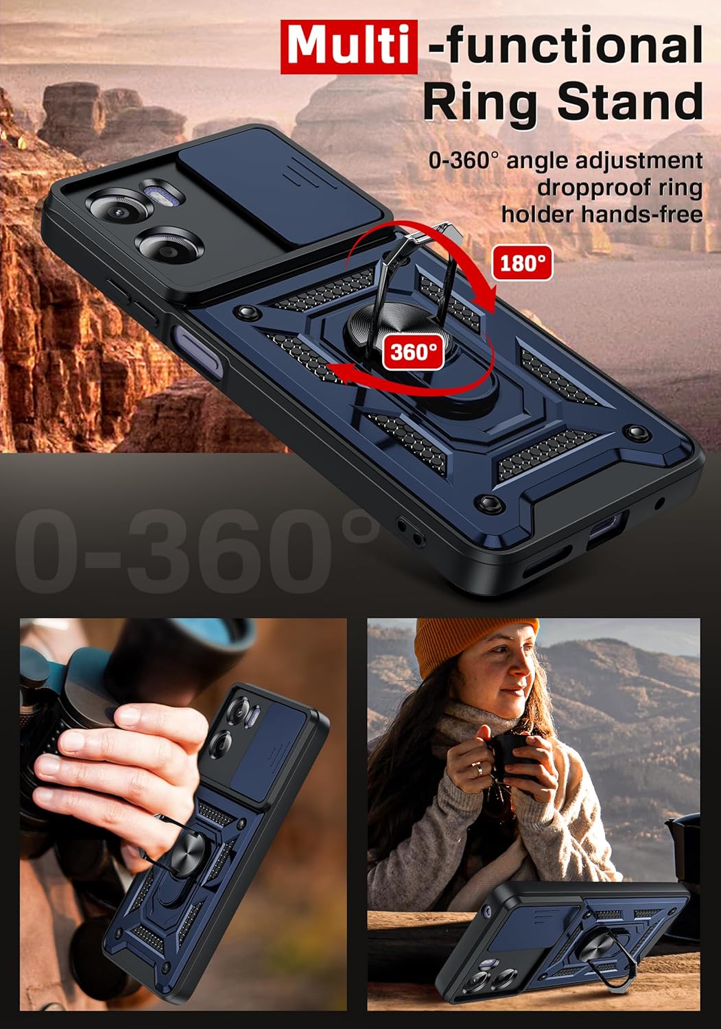 Thumbnail 6 de LeYi rugged phone case for Motorola Moto E15 4G / GO5 with sliding camera cover, ring stand & 2 screen protectors (Blue)