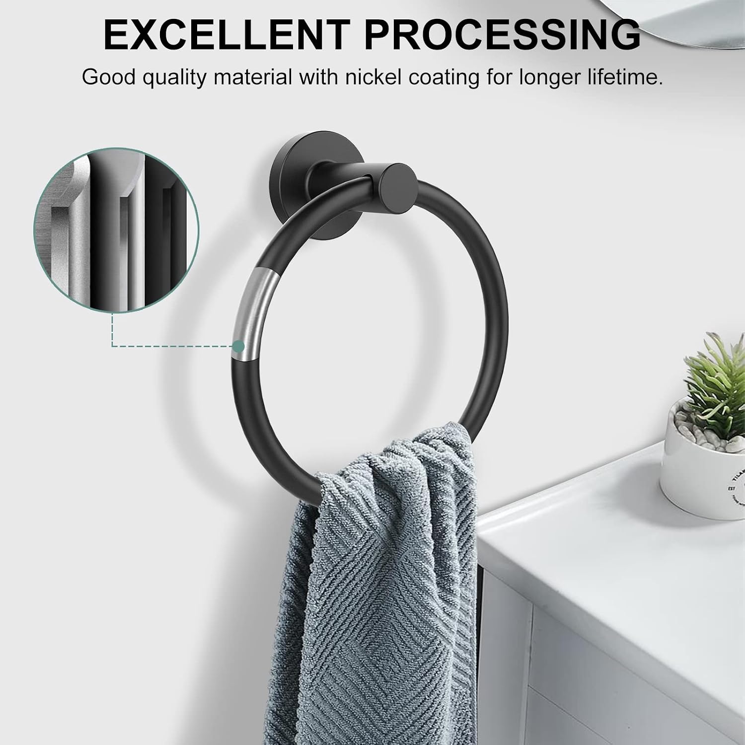 Detalle 2 de SetSail k009 Tr-BK-2p-SS Wall-Mounted Towel Rings, Matte Black, 2-Pack