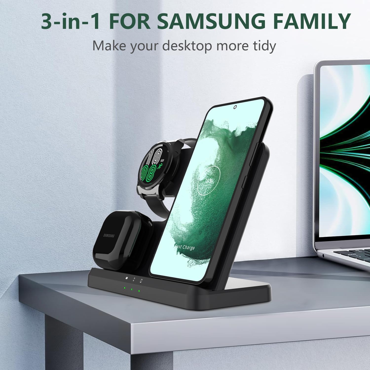 Detalle de Nongxiang 3-i-1 trådlös laddningsstation för Samsung med USB-C