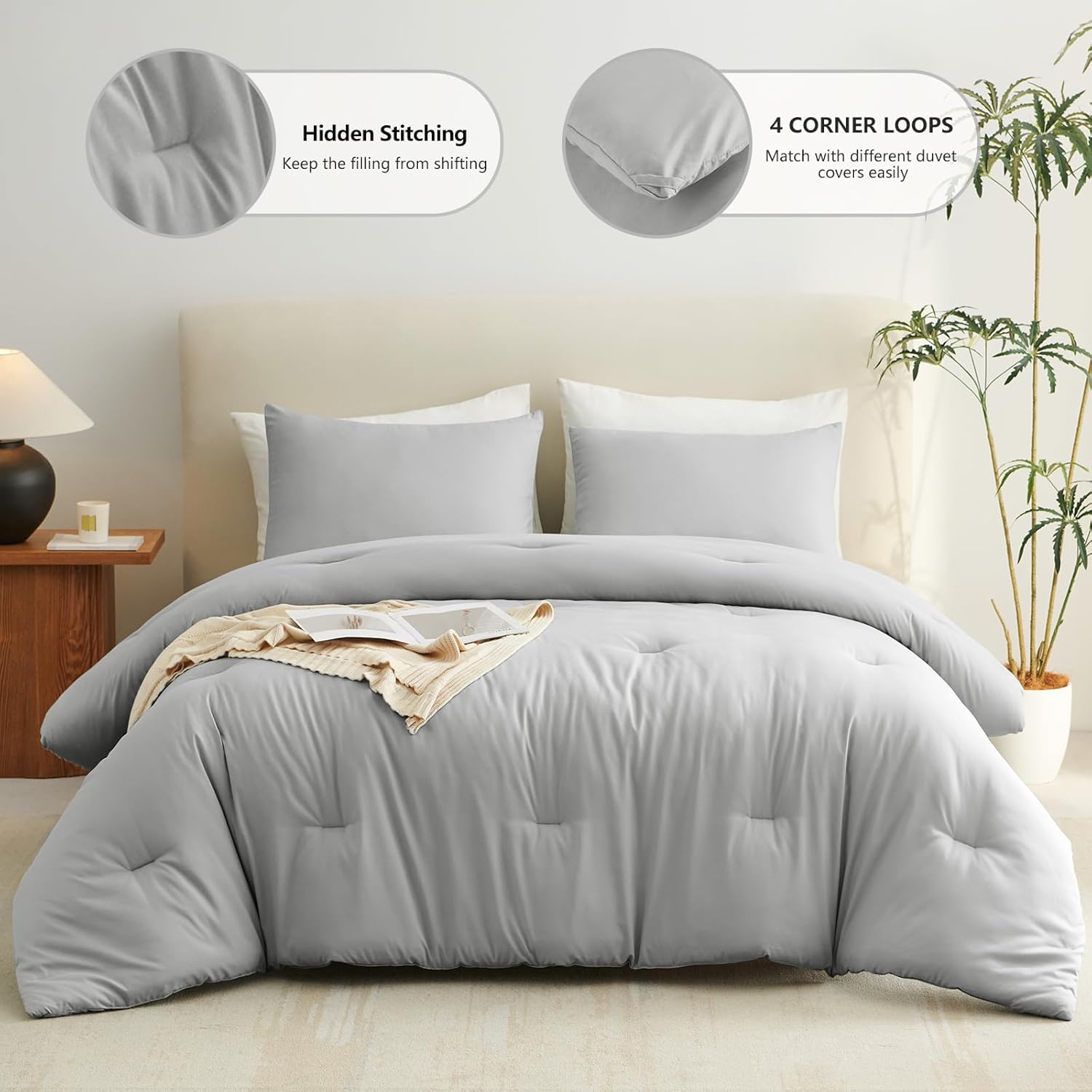 Detalle 2 de CozyLux Light Grey Queen Comforter Set, 3-Piece Bedding