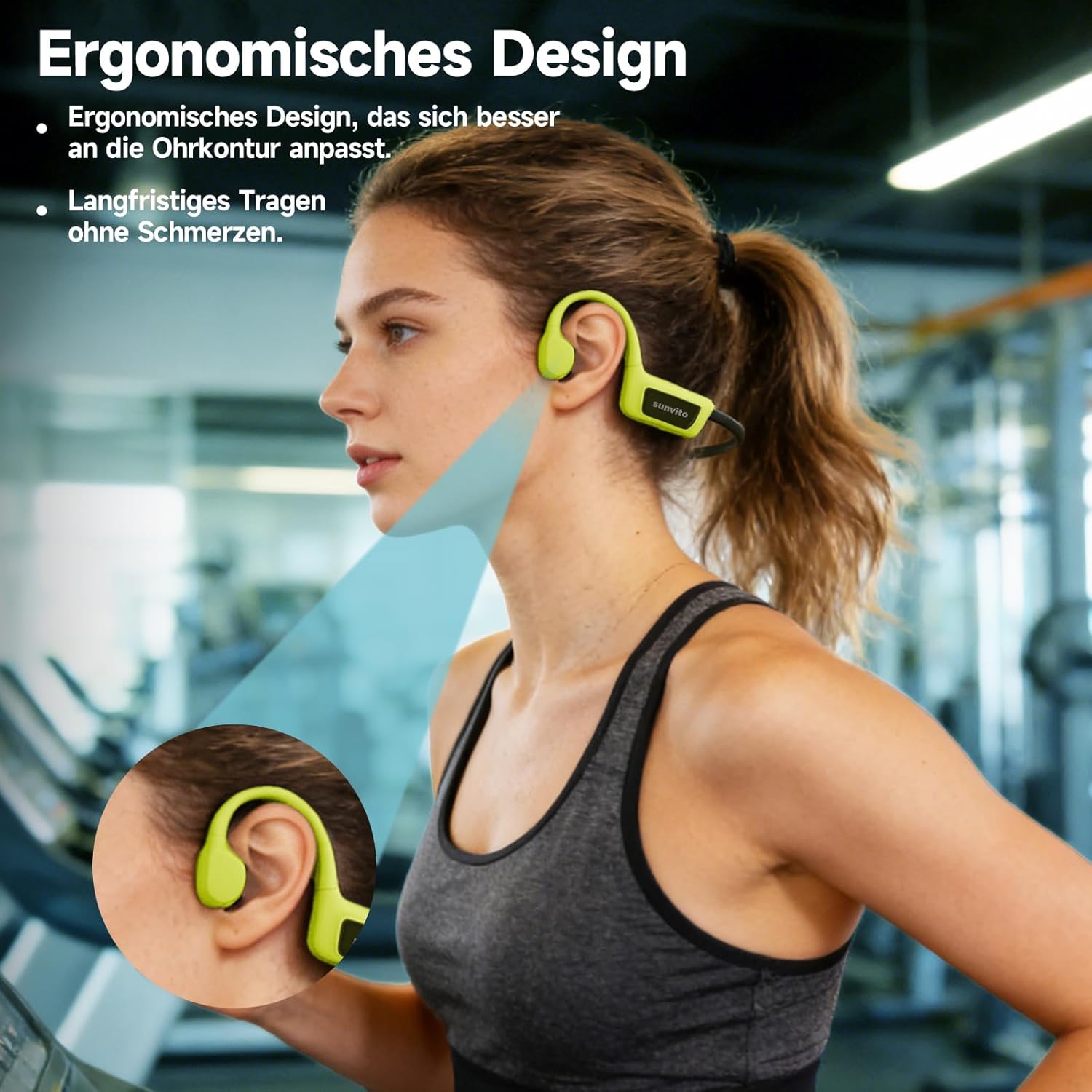 Detalle de sunvito Knochenschall-Kopfhörer Schwimmen – Bluetooth 5.4, IPX8, 8 GB Speicher, Open-Ear