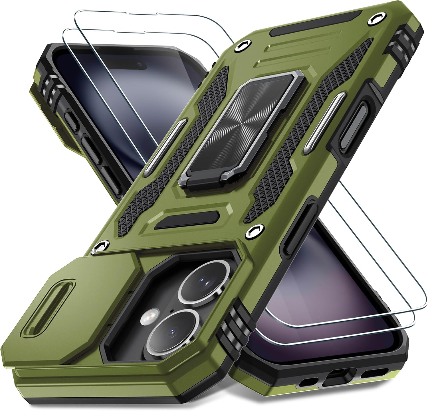 Detalle de DEERLAMN iPhone 16 Armor Case with Sliding Camera Cover, Rotating Ring Kickstand + Tempered Glass Screen Protector (2-Pack)