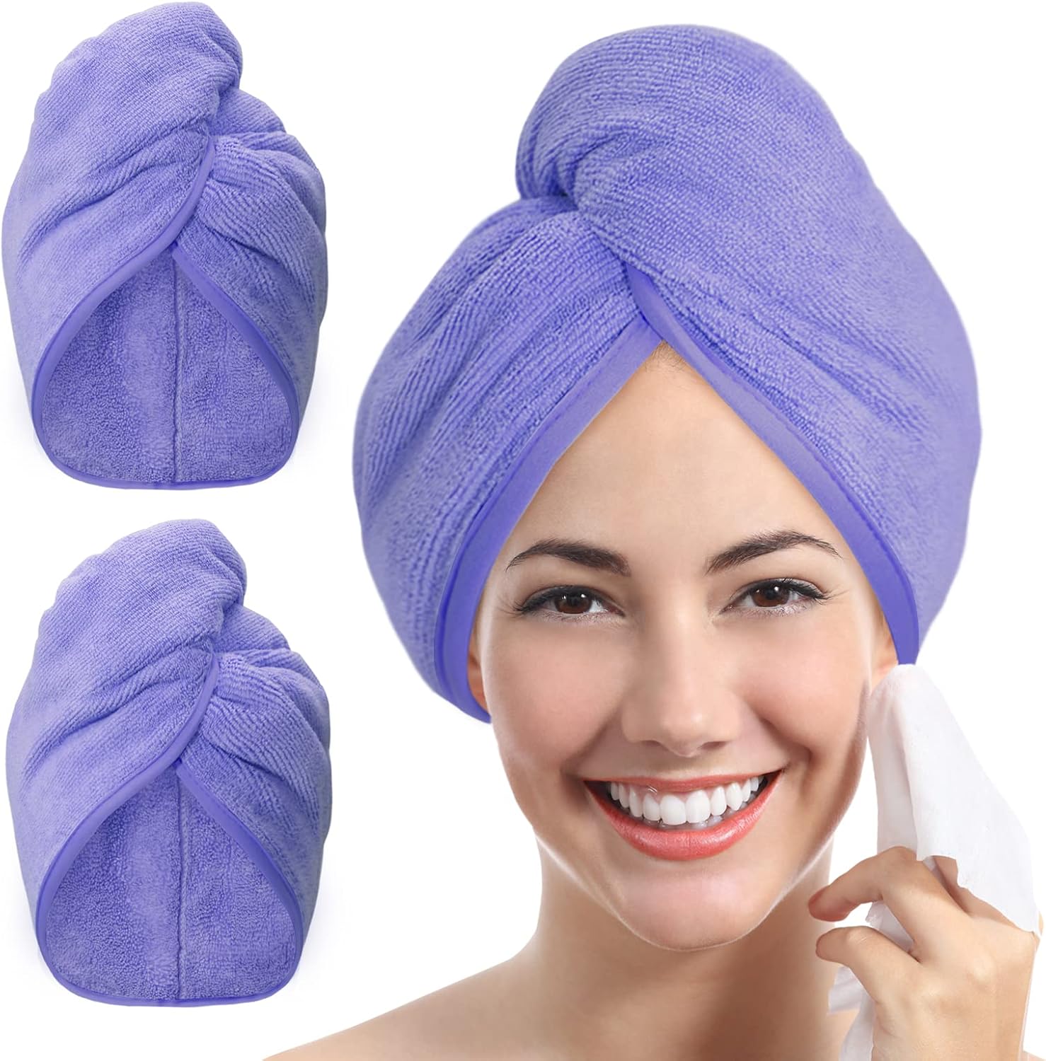 Detalle de YoulerTex Mikrofaser Handtuch Haare Turban (2er-Set) – Schnell trocknendes Haarhandtuch mit Knopf für lange Locken