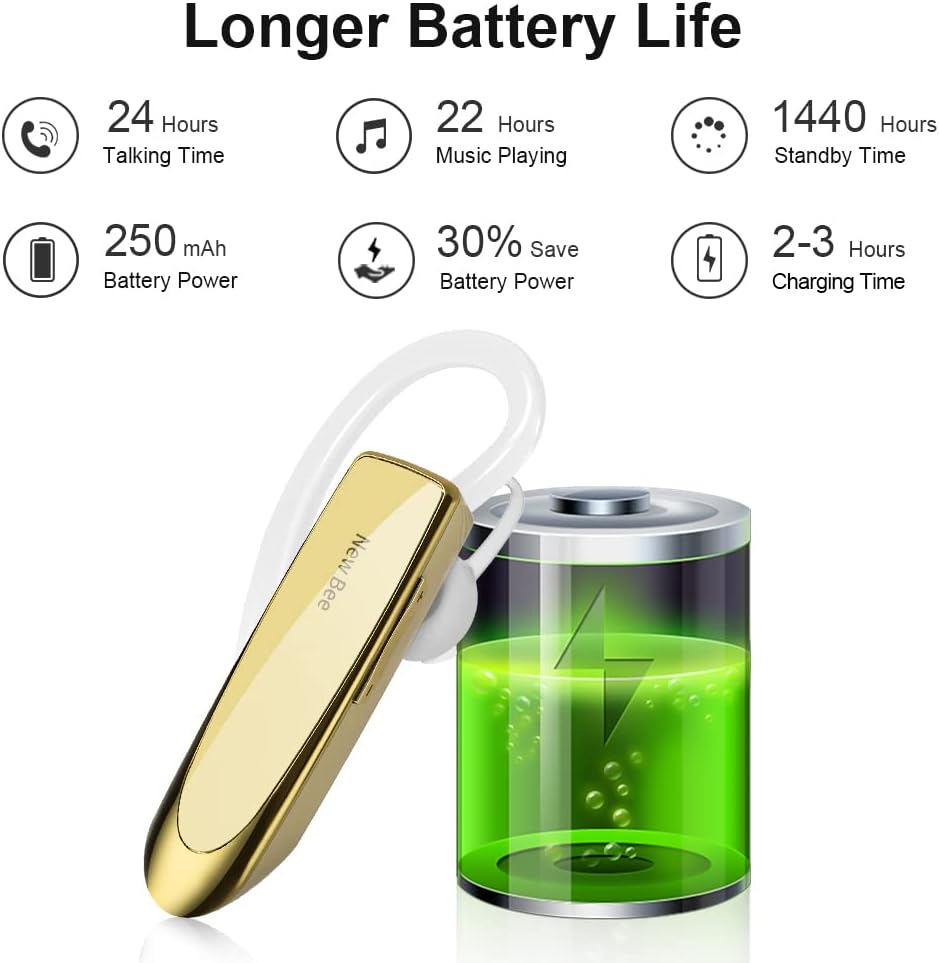 Detalle de New Bee Bluetooth Earpiece Handsfree Headset (Clear Voice, CVC 6.0, 24hrs talk) with clip & case