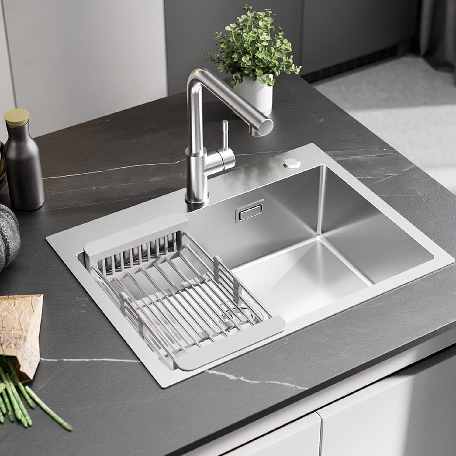 Detalle de Sofetiy Lavello da cucina 60 x 45 cm in acciaio inox SUS 304 con 2 fori per rubinetto e sifone, sotto-piano moderno