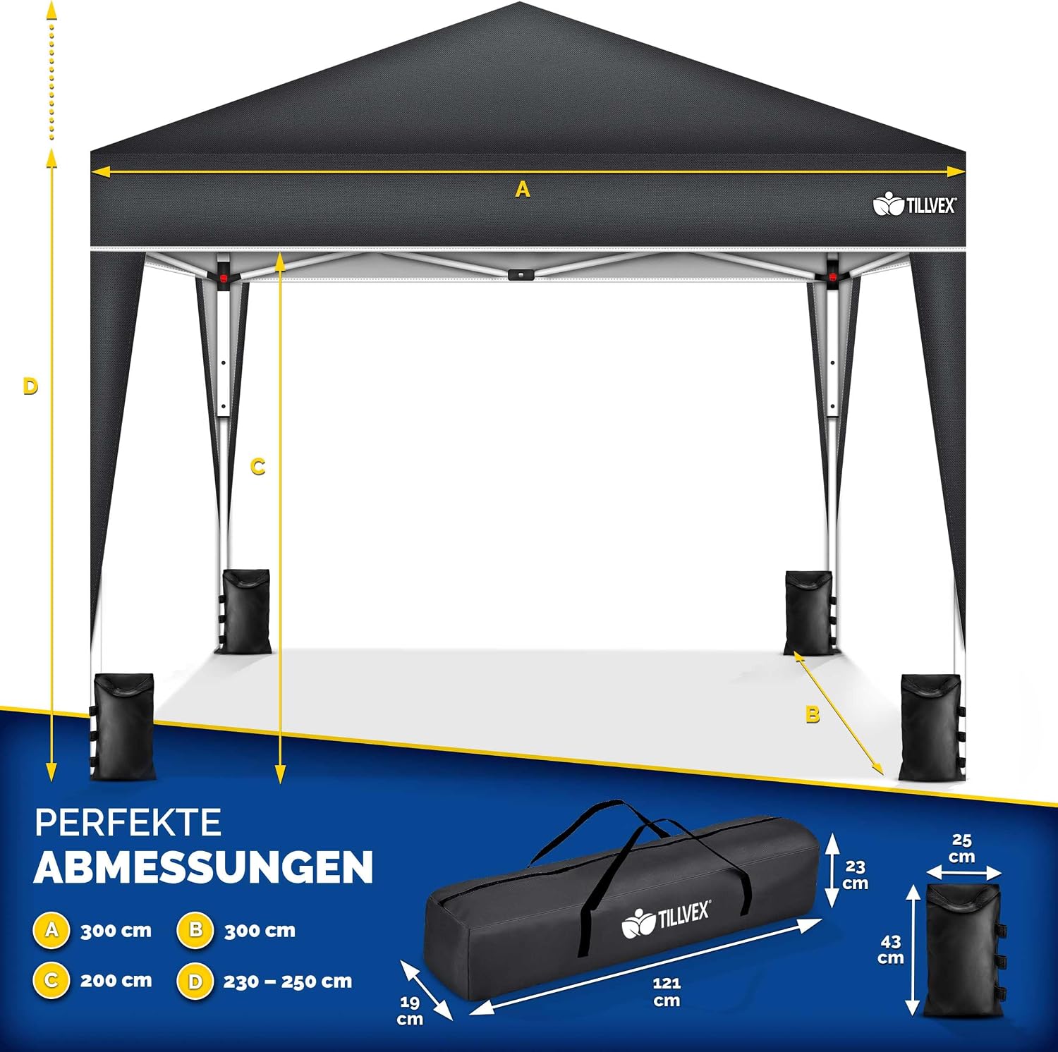 Detalle 2 de tillvex Pavillon 3x3m wasserdicht 3-fach höhenverstellbar