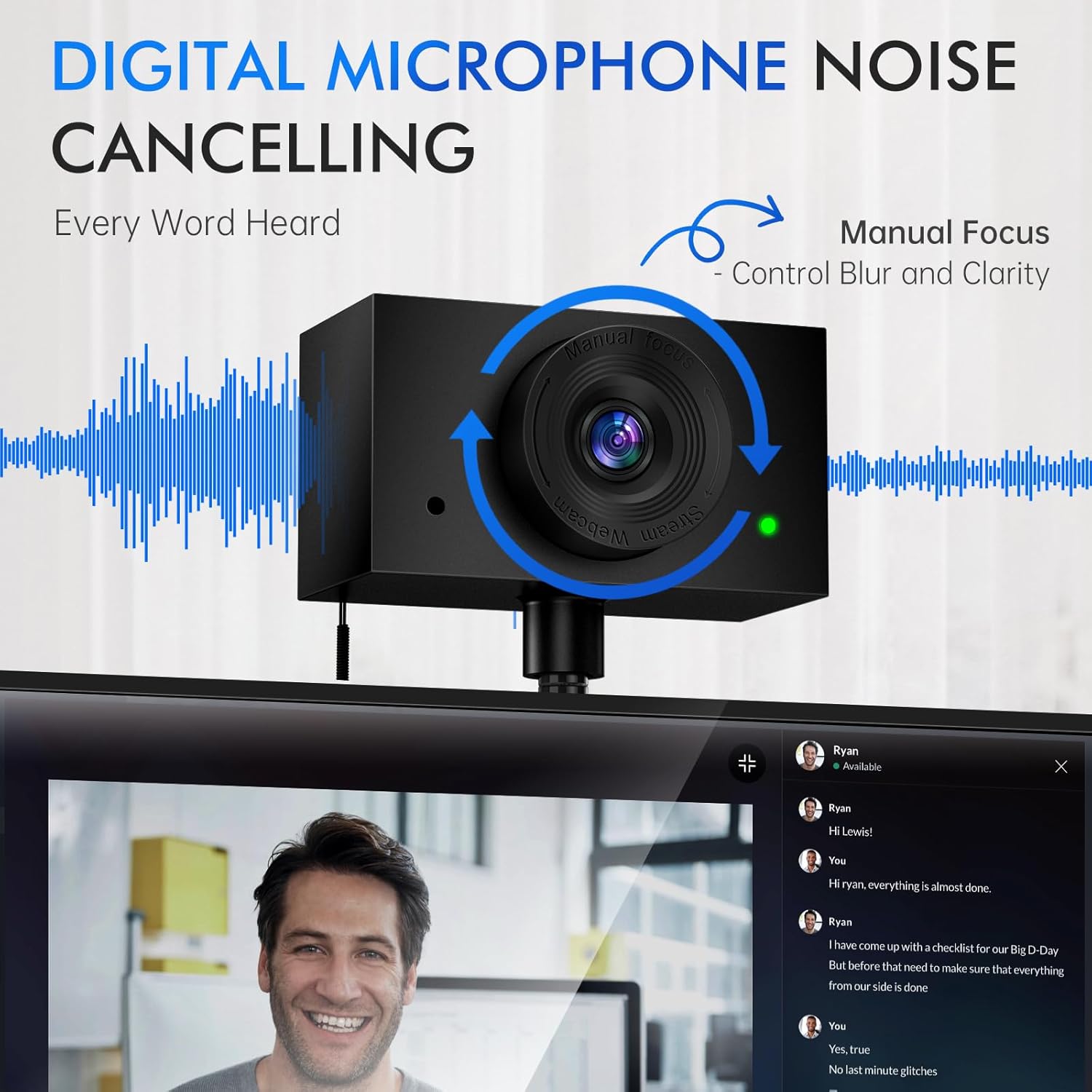 Detalle 2 de Webcam for PC (USB) with Adjustable Gooseneck, 1080P Manual Focus & Noise-Cancelling Mic (Black)
