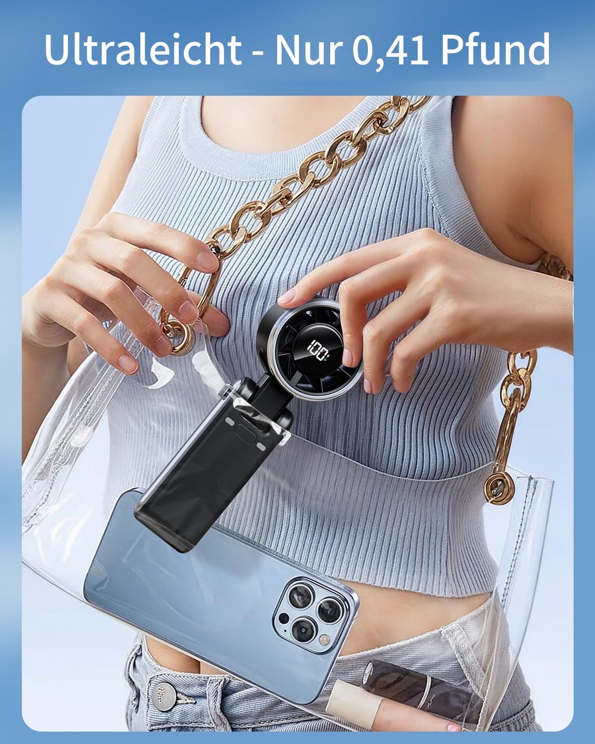 Thumbnail 3 de SWEETFULL Tragbarer Mini Handventilator – 3-in-1, 9 m/s, 5 Stufen, USB-C, bis zu 12 Stunden Akku (Schwarz)