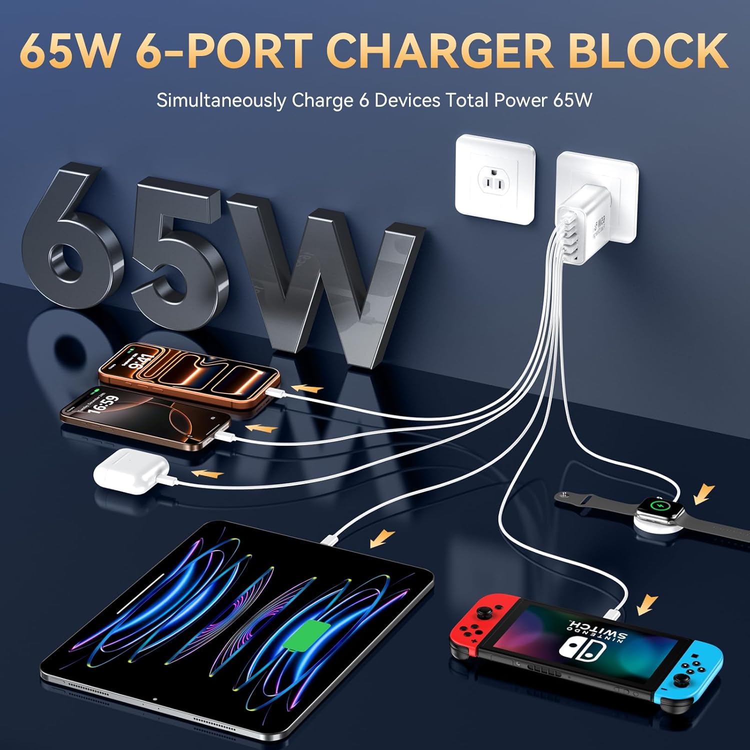 Thumbnail 1 de Bustuny 65W 6-Port USB-C Fast Charger Block (2-Pack) – PD & QC Power Hub for iPhone and iPad
