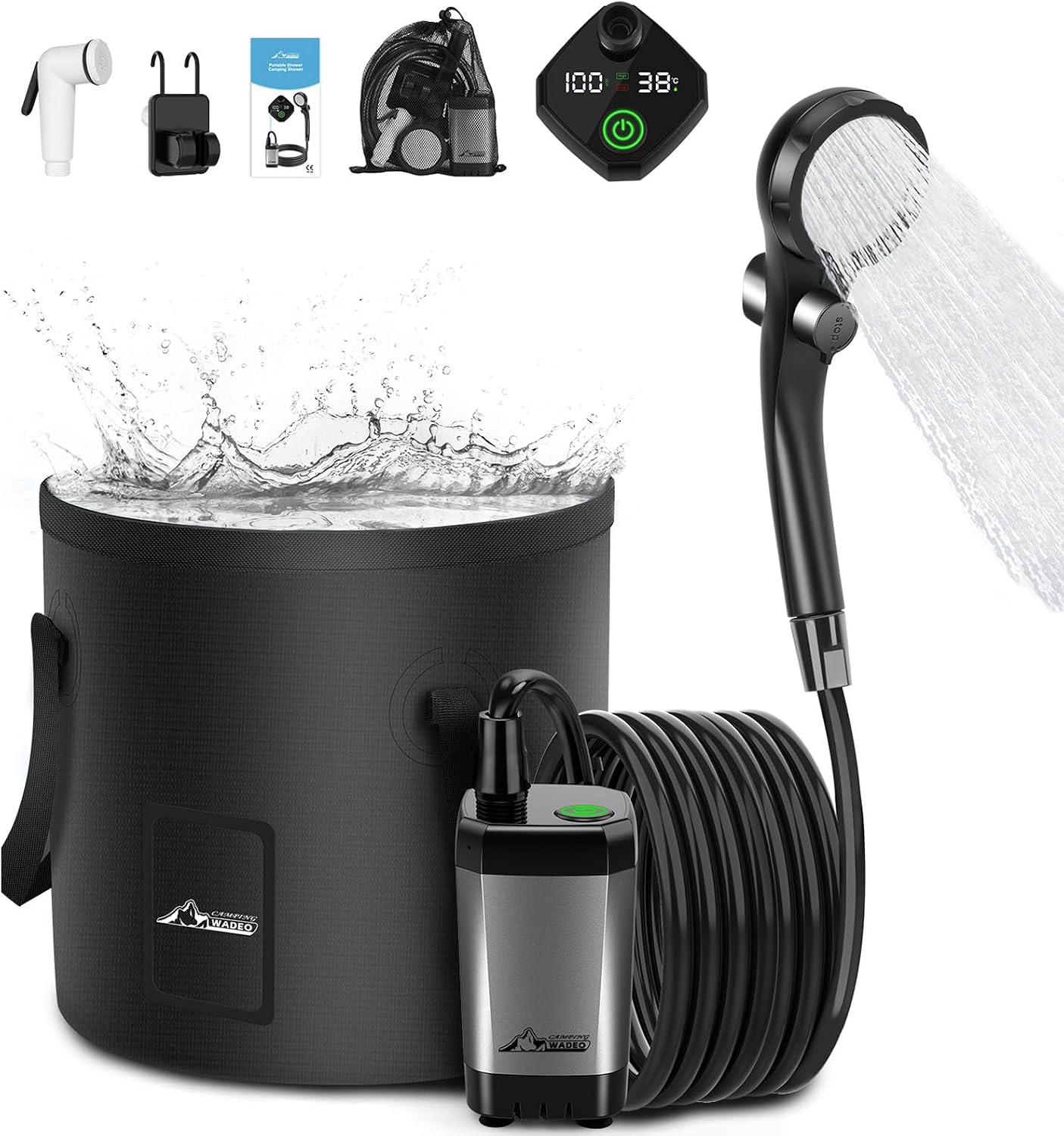 Detalle de WADEO A21 draagbare campingdouche met 20L opvouwbare emmer